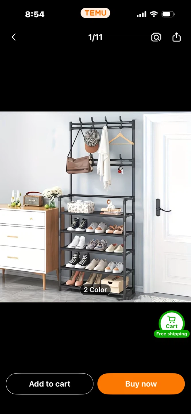 Black Metal Shoe Rack with Coat Hooks