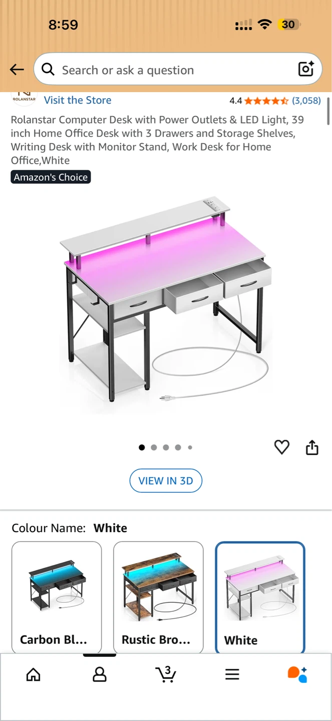 Rolansar LED Light, 39" Desk, White