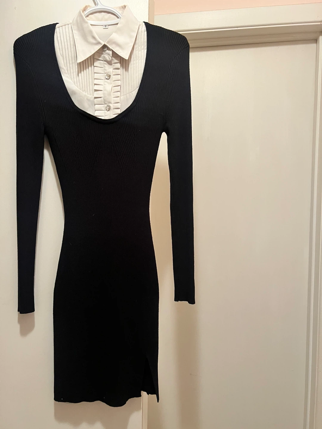 Guess Black Ribbed Long Sleeve Sweater Dress with button up