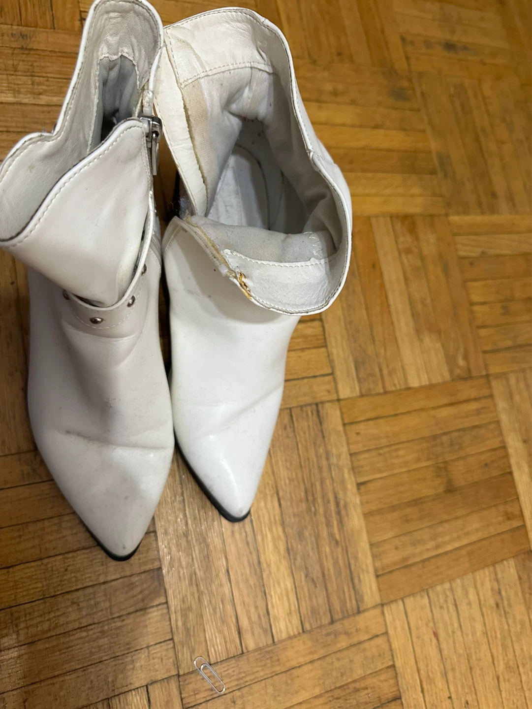 White Leather Pointed Toe Ankle Boots - photo 2