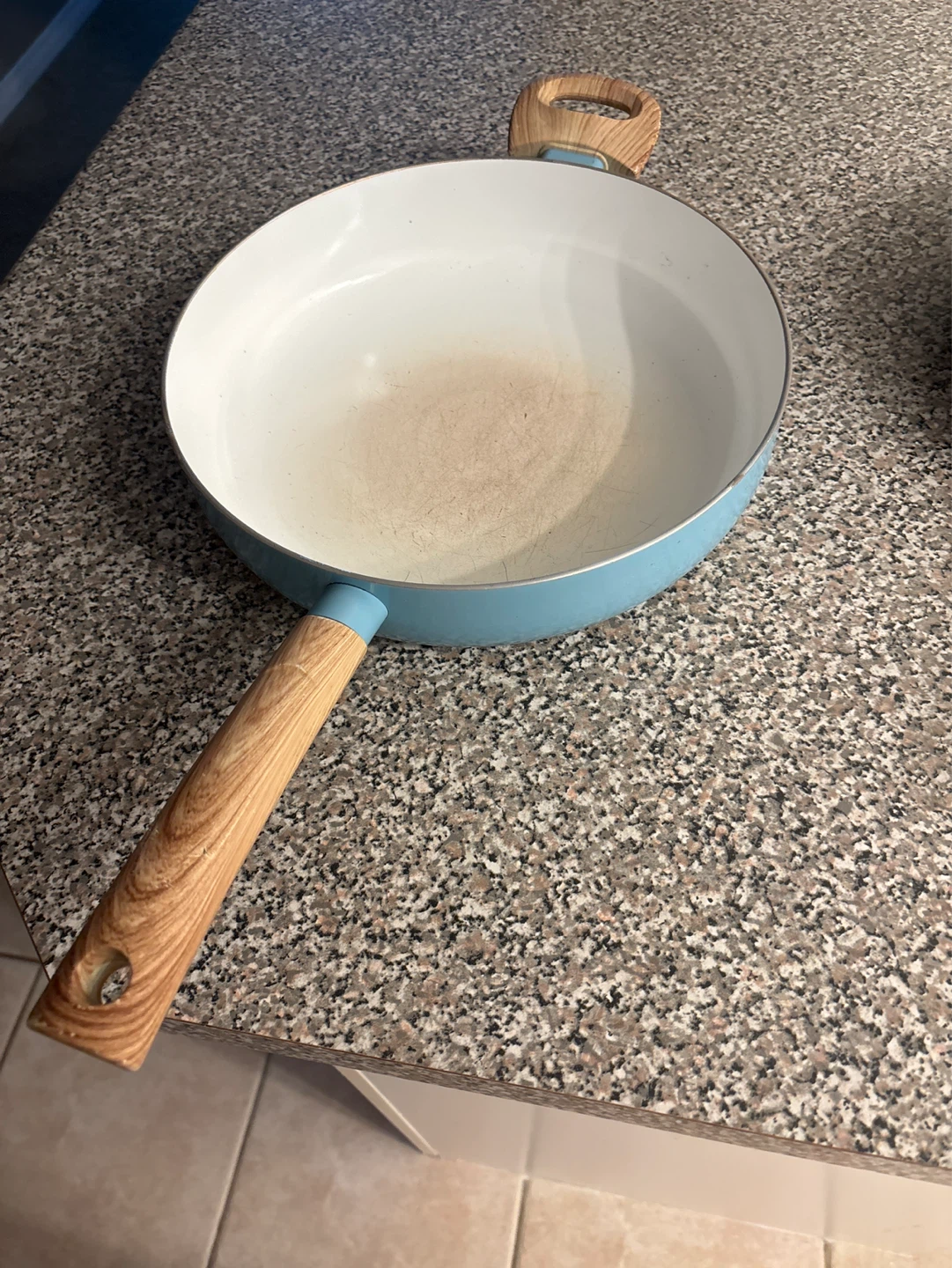Blue Frying Pan with Wooden Handle