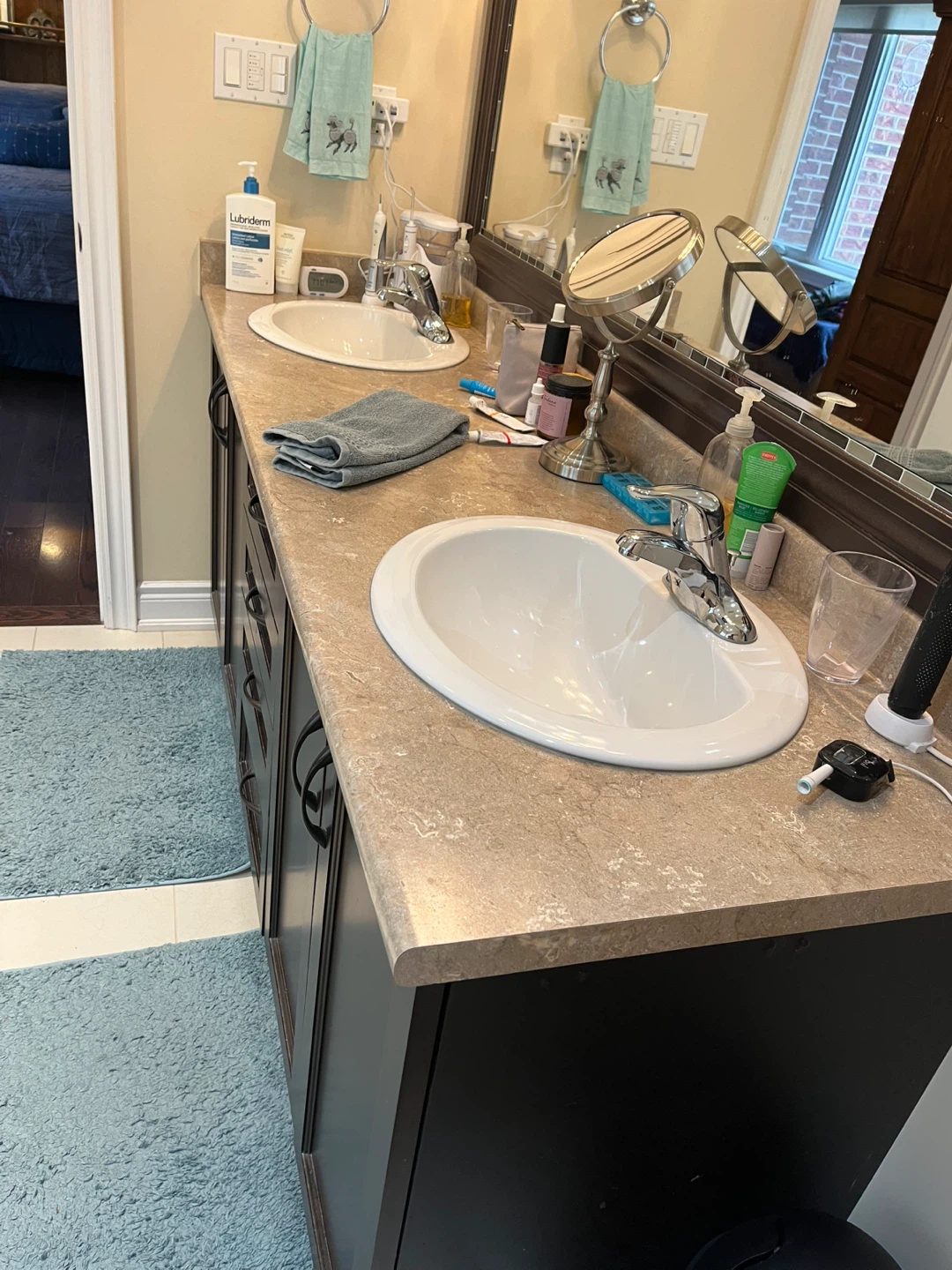 Double Sink Bathroom Vanity with Dark Brown Cabinets