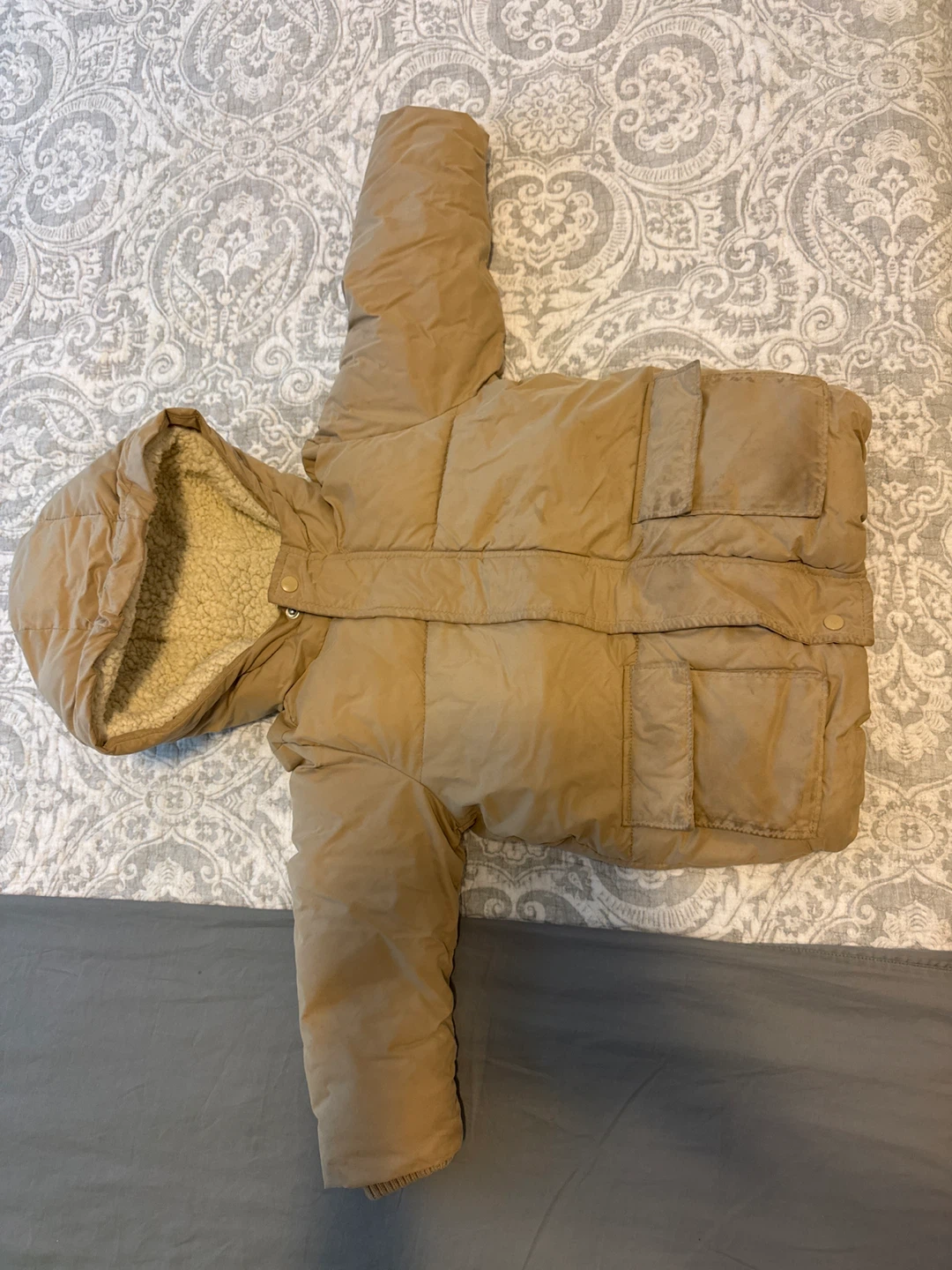 Tan Puffer Jacket with Sherpa Lined Hood