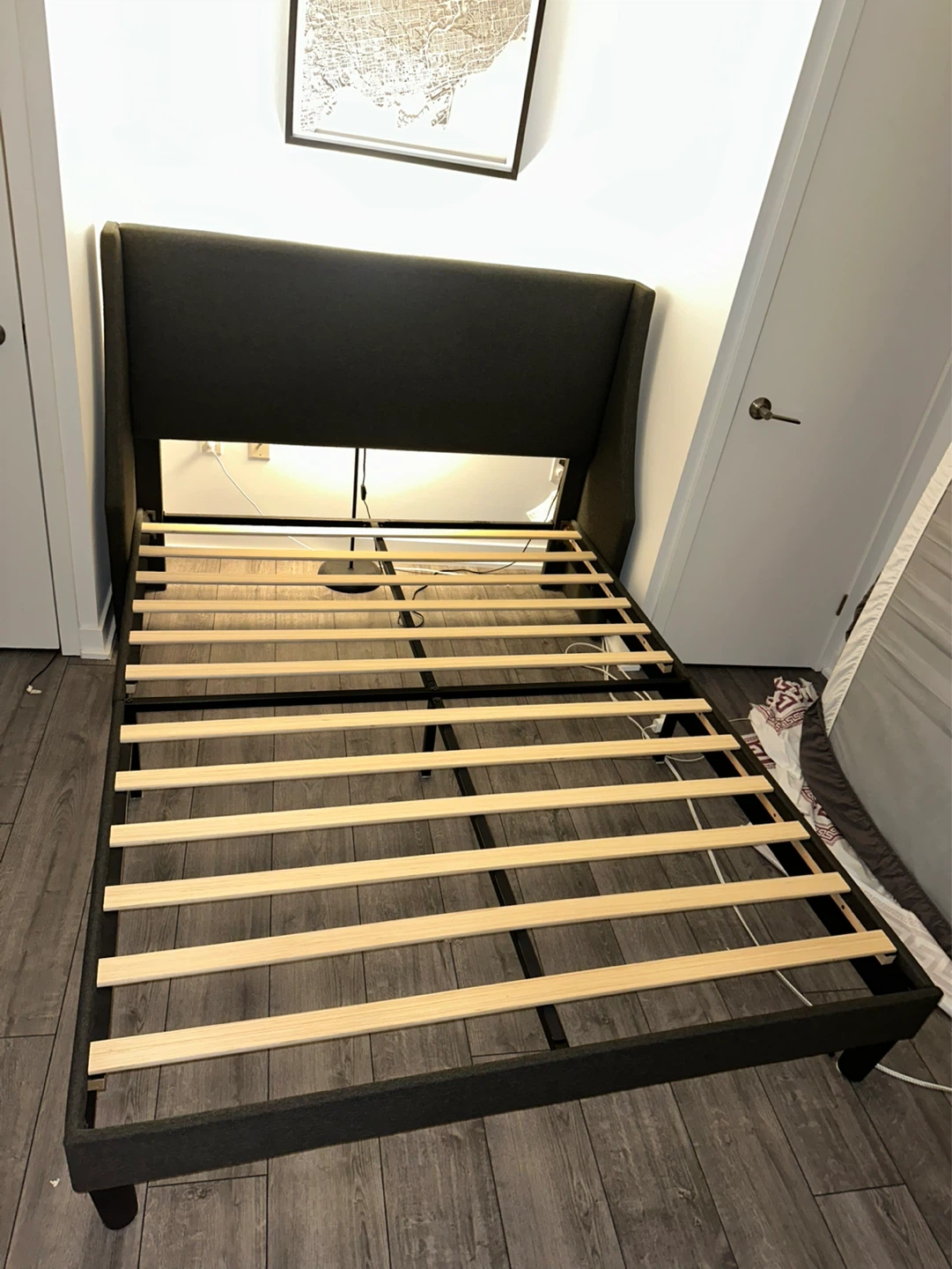 Queen, metal frame + wood slats, no box spring needed