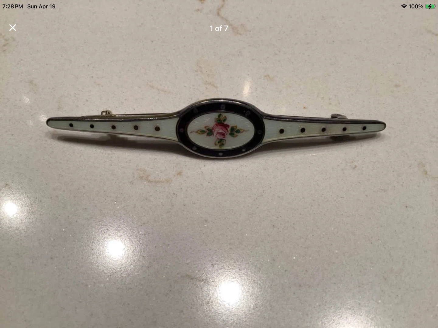 Art Nouveau Hand Painted Enamel & Sterling Silver Bar Brooch 🐞