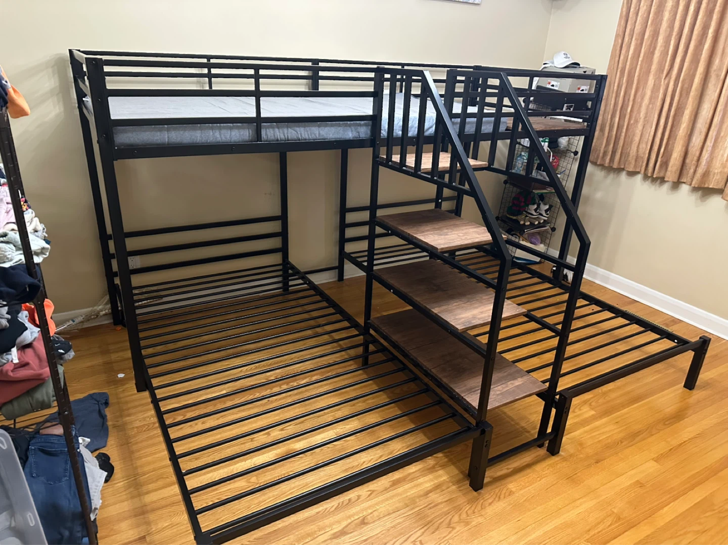 Black Metal Triple Bunk Bed with Stairs