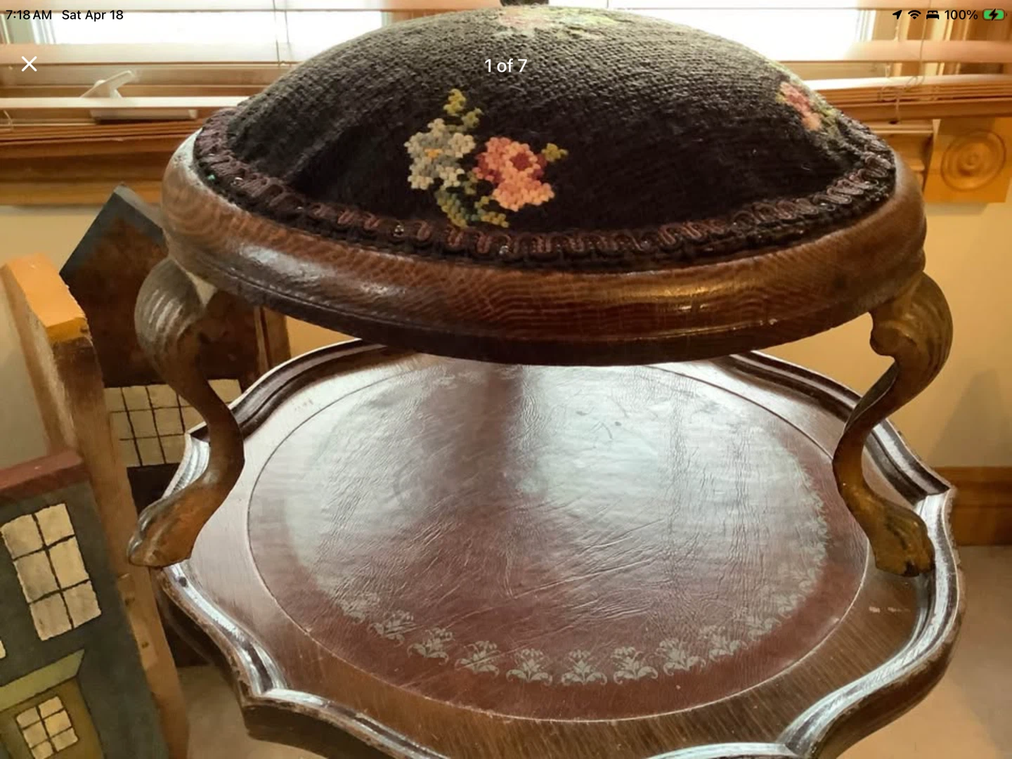 Ant/Vt Oak Foot Stool on Bronzed Metal Cabriole Legs 🐞