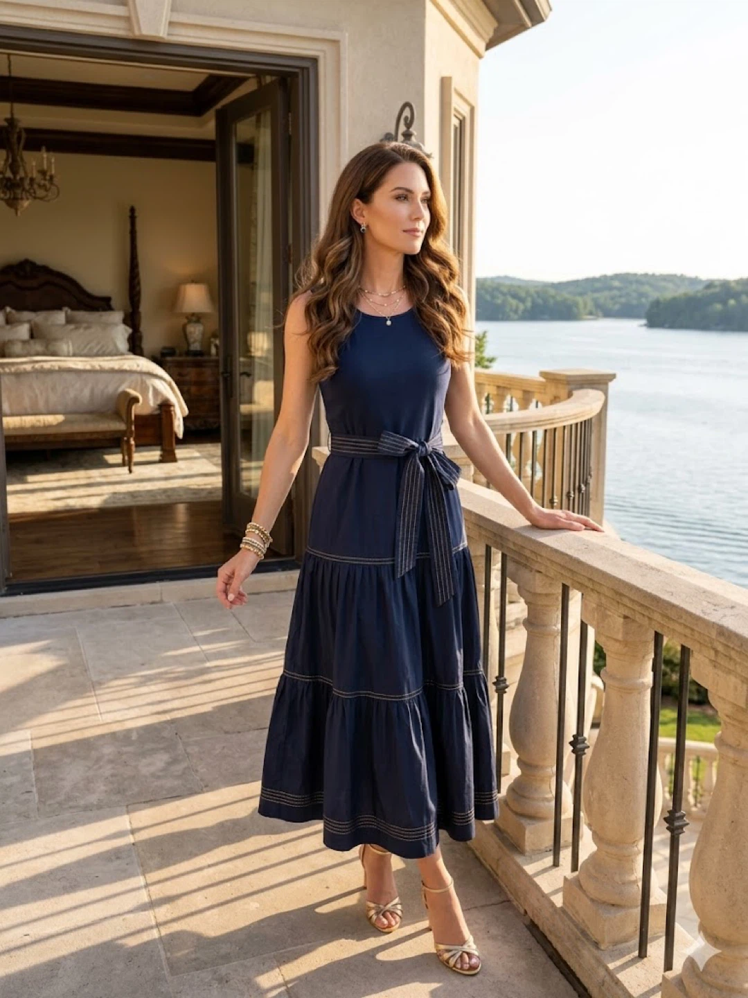 Tahari Navy Tiered Midi Dress with Tie Waist