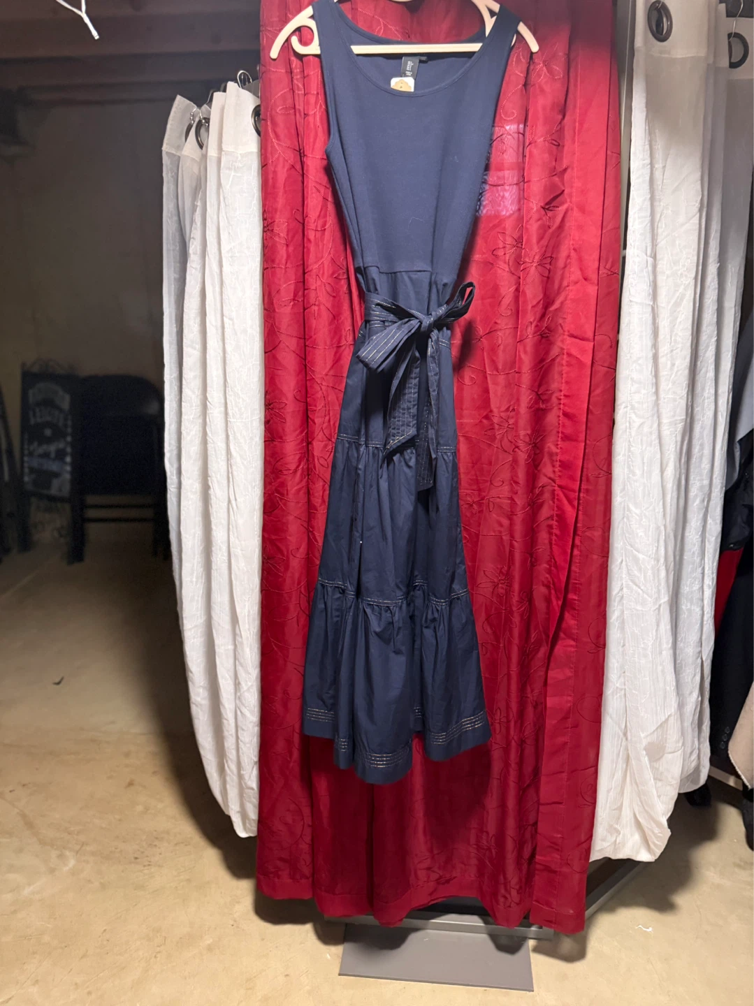Tahari Navy Tiered Midi Dress with Tie Waist - photo 2