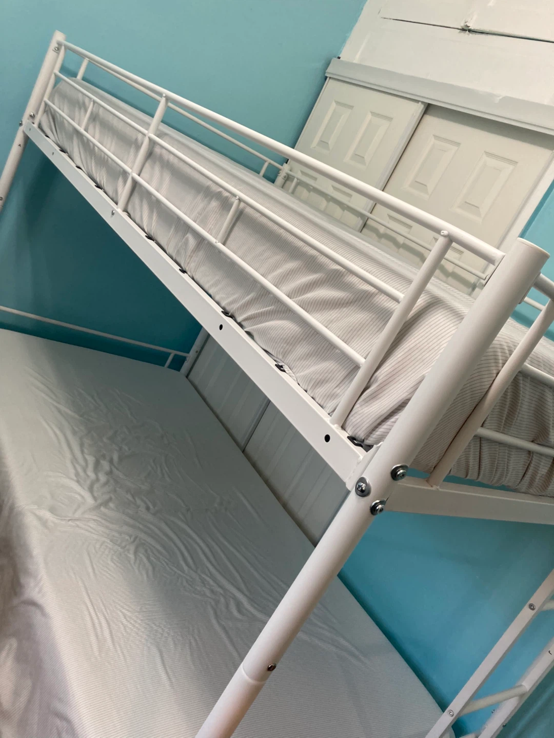 White Metal Twin Bunk Bed Frame with Mattresses - photo 3