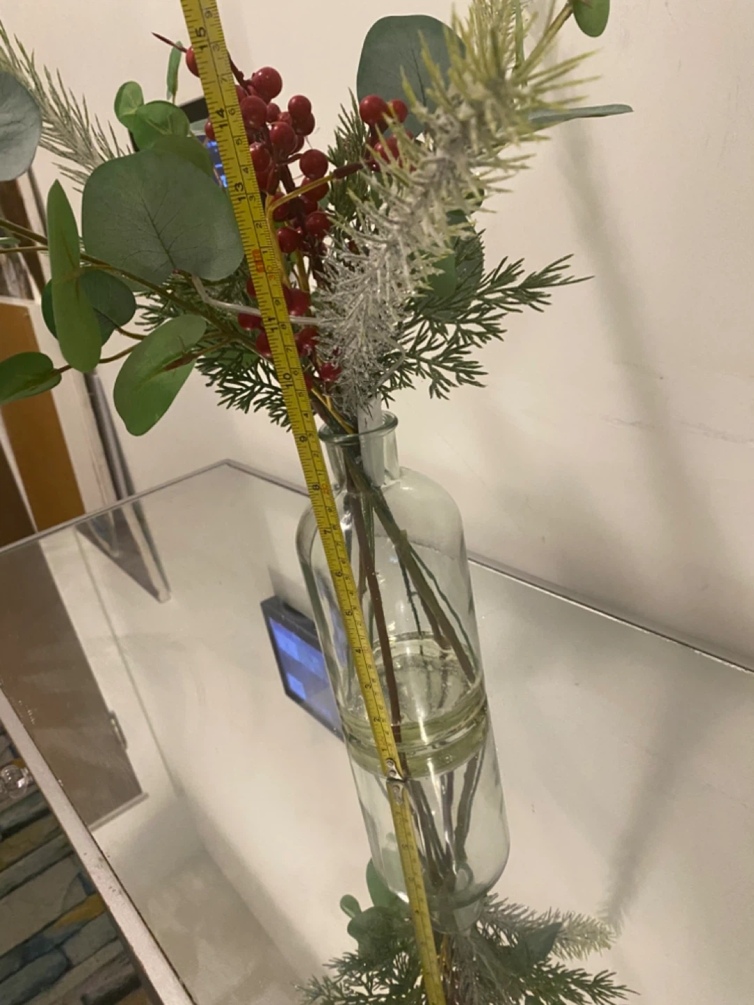 Faux Berry and Eucalyptus Stem Arrangement in Glass Vase