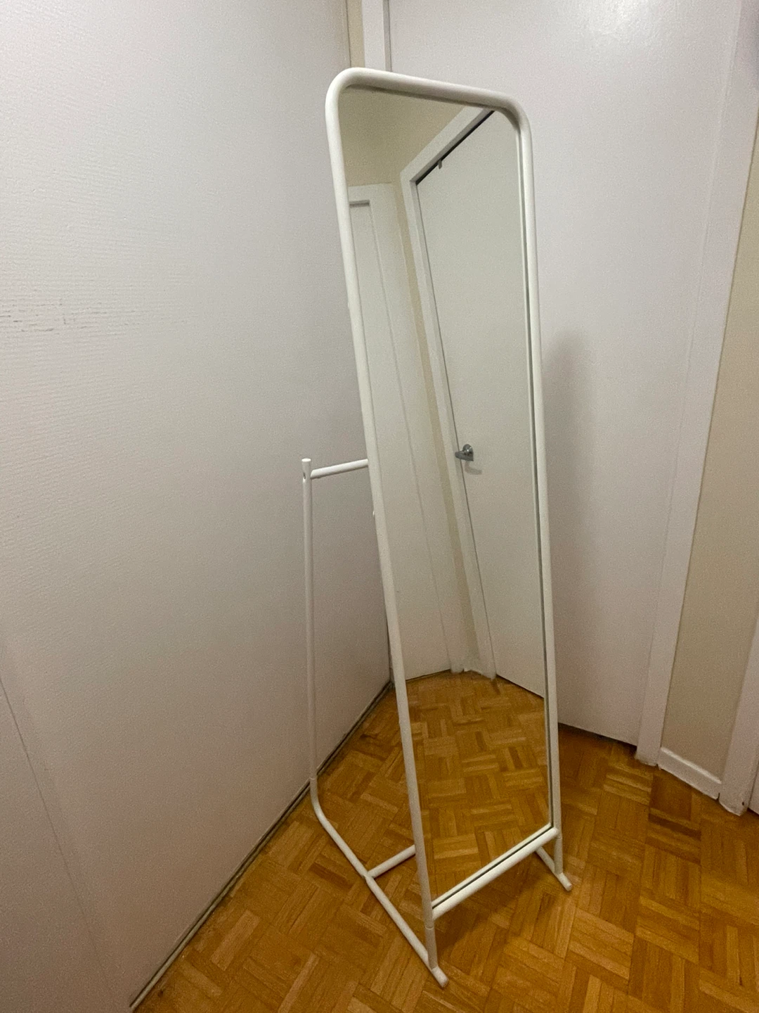 White Metal Floor Mirror with Hooks
