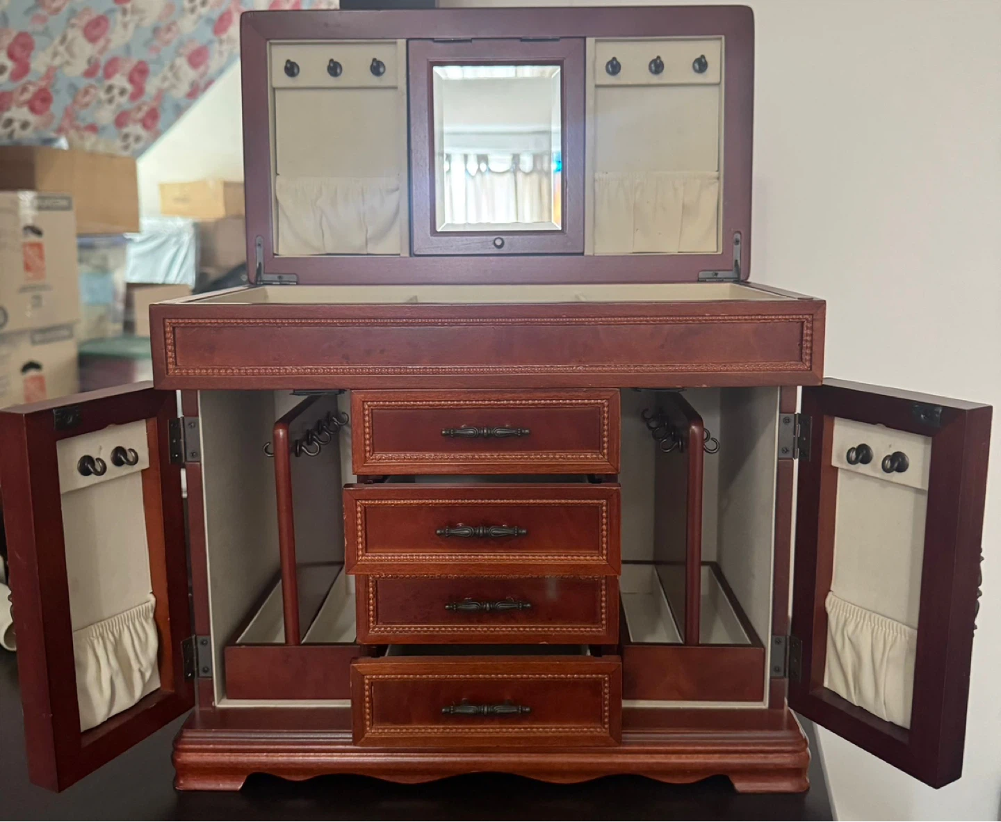 Wooden Jewelry Box with Mirror and Drawers