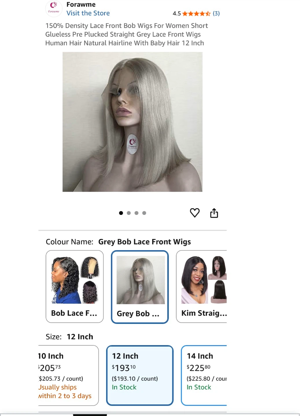 Forawme 12 Inch Grey Bob Lace Front Wig