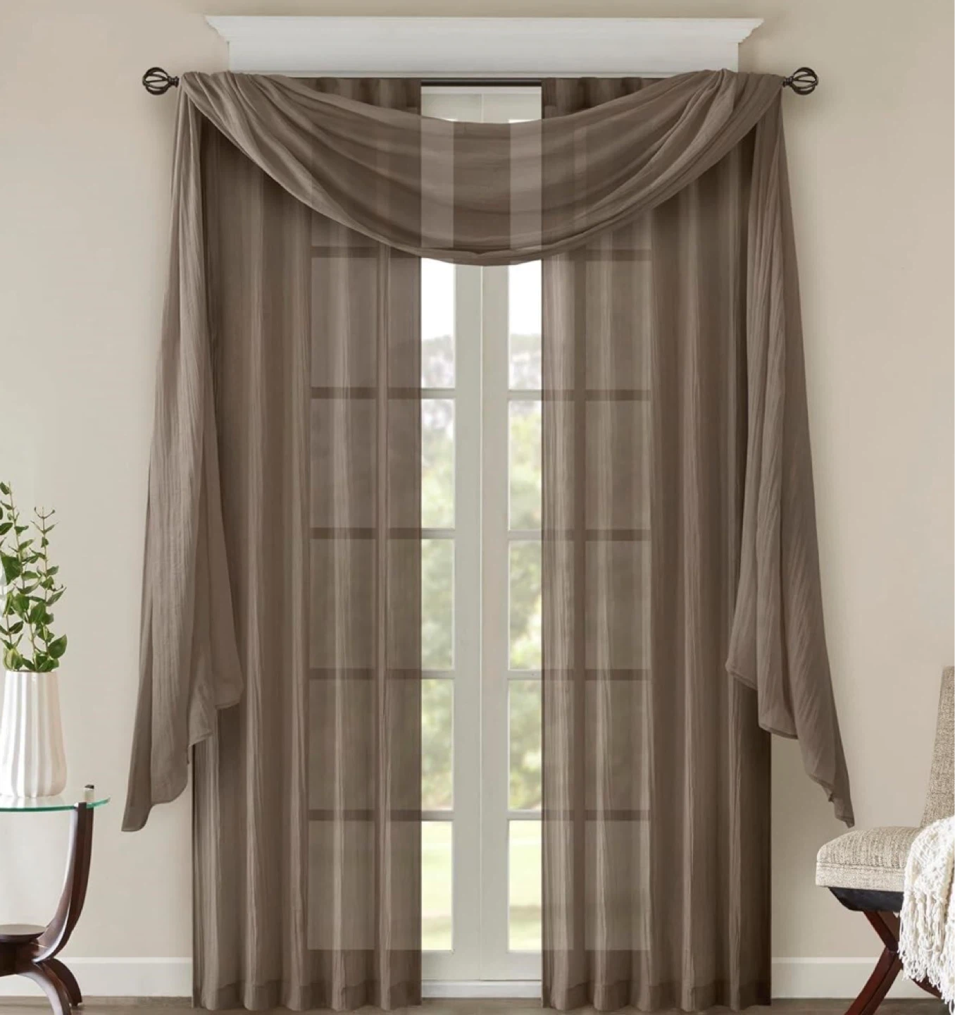 Latitude Run Solid Crushed Scarf Sheer Curtain Panel - Taupe