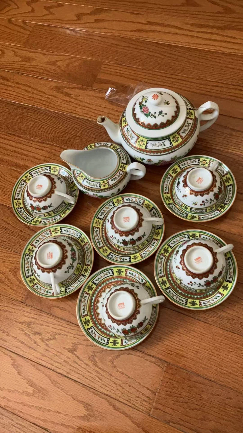Vintage Jing Dechen Porcelain Flower & Butterfly Chinese Tea Set