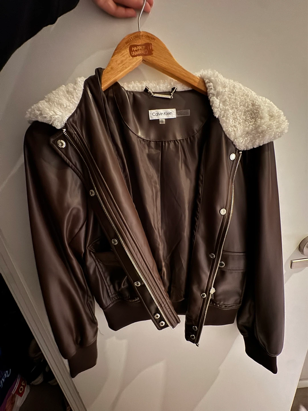 Calvin Klein Faux Leather Bomber Jacket with Sherpa Collar