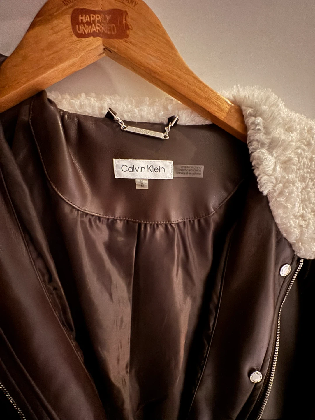 Calvin Klein Faux Leather Bomber Jacket with Sherpa Collar - photo 2