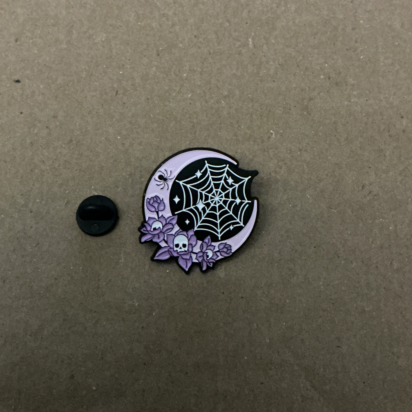 Enamel Pin Moon Spiderweb Skull Floral