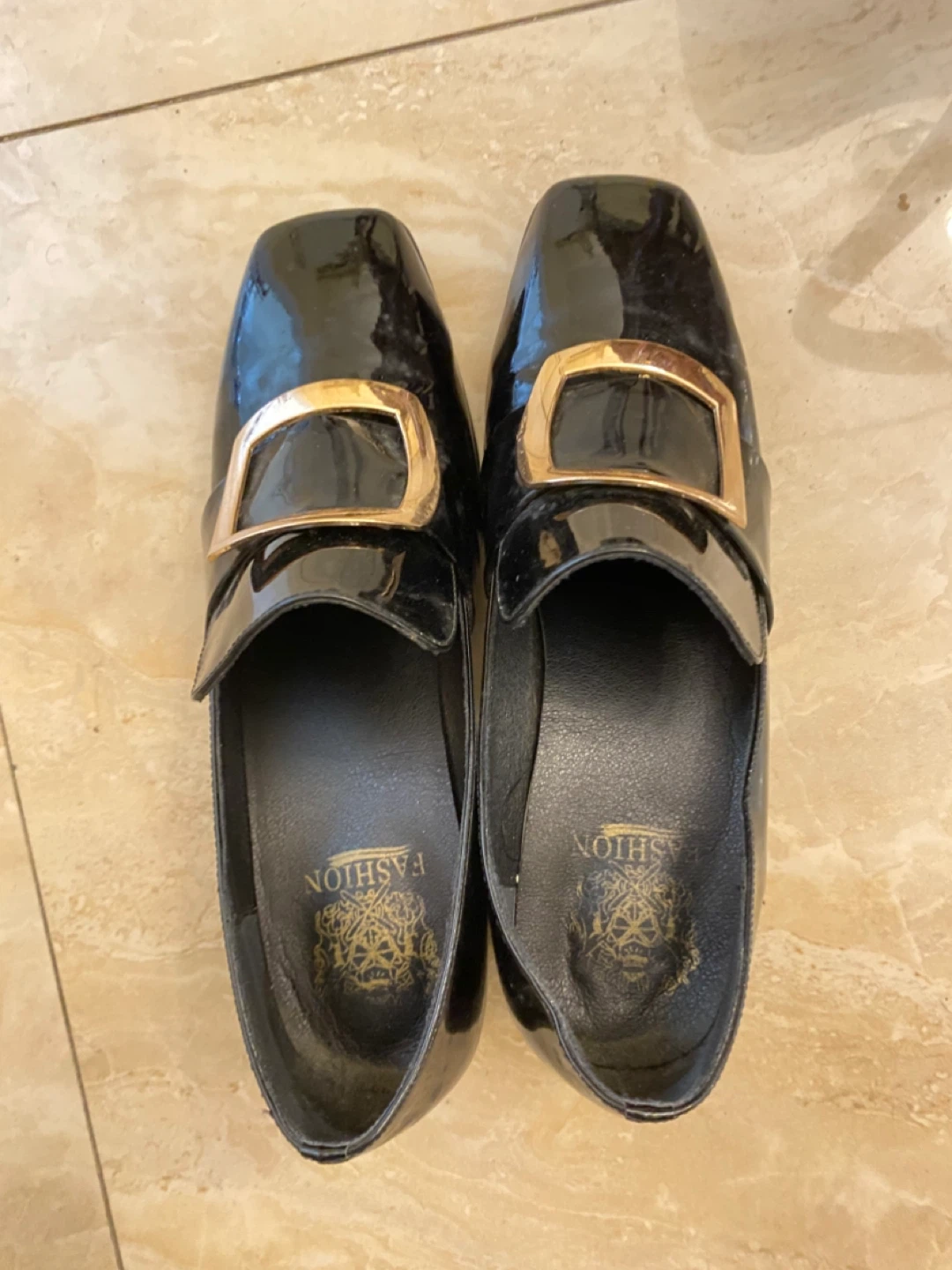 Black Patent Loafers with Gold Buckle