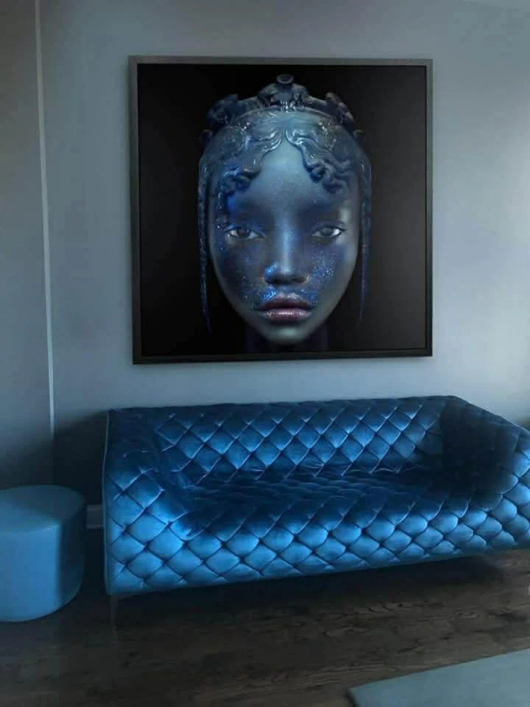 Blue Velvet Tufted Sofa Designer showroom/studio