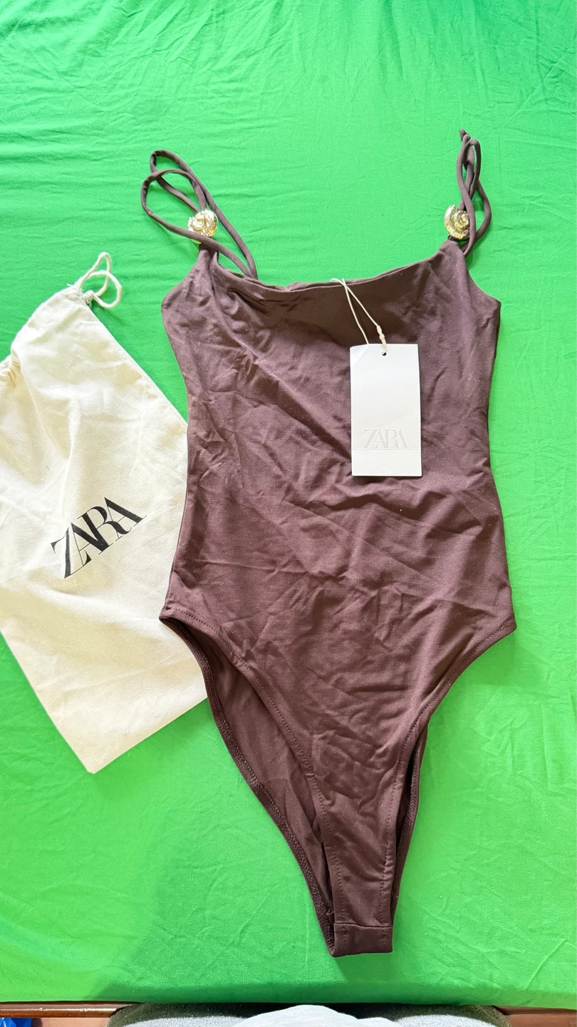 Zara Women's Brown One-Piece Swimsuit with Gold Accents