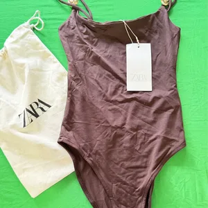 Zara Women's Brown One-Piece Swimsuit with Gold Accents