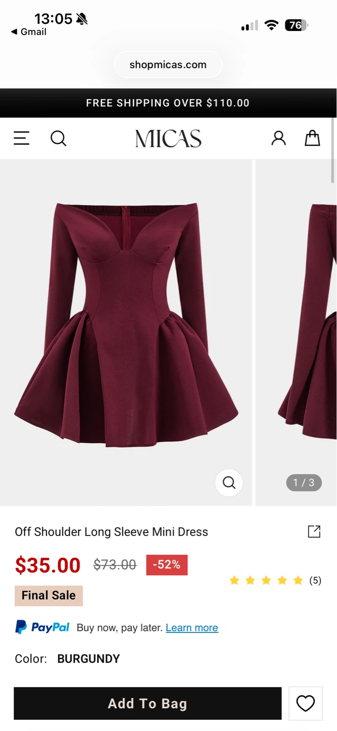 MICAS Burgundy Off Shoulder Long Sleeve Mini Dress