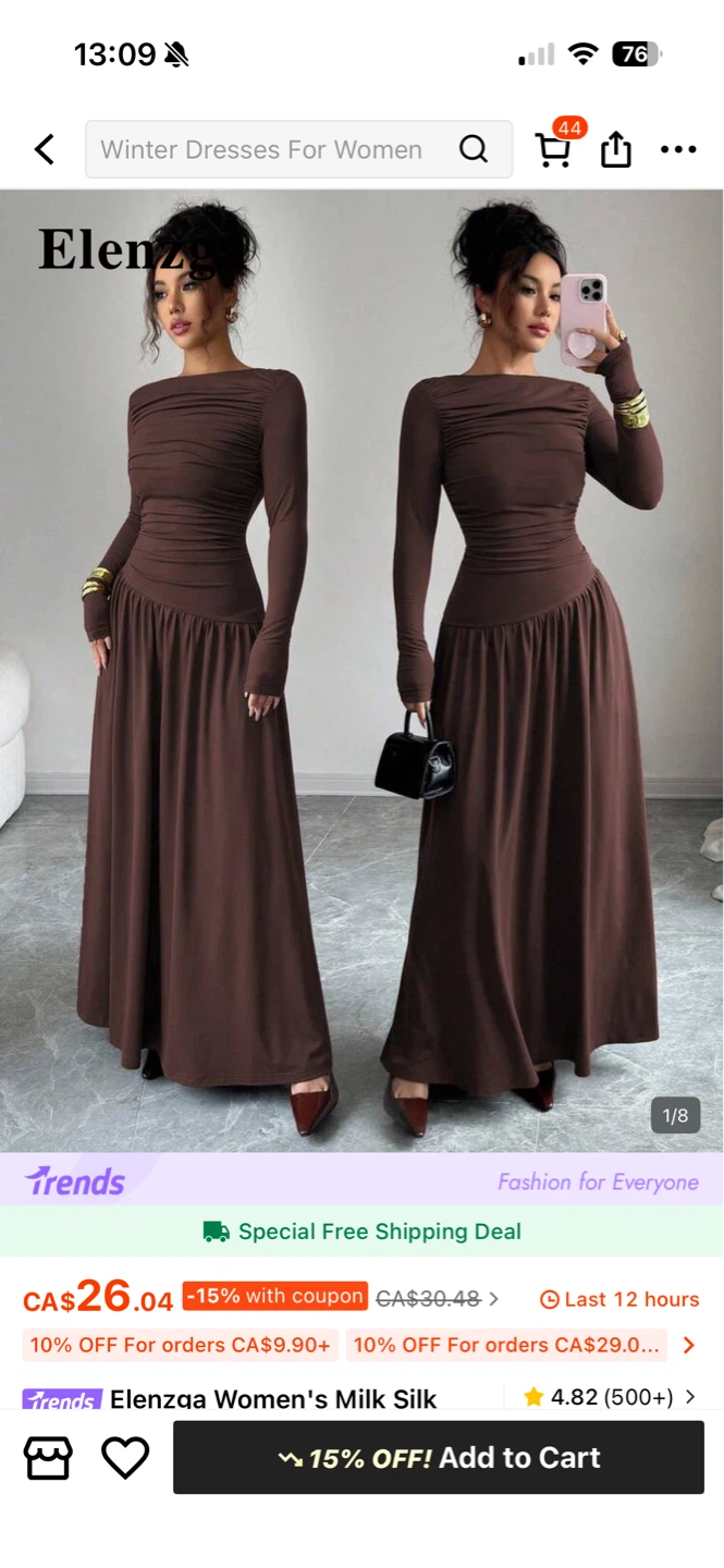 Elenza Women's Milk Silk Ruched Long Sleeve Maxi Dress - Brown