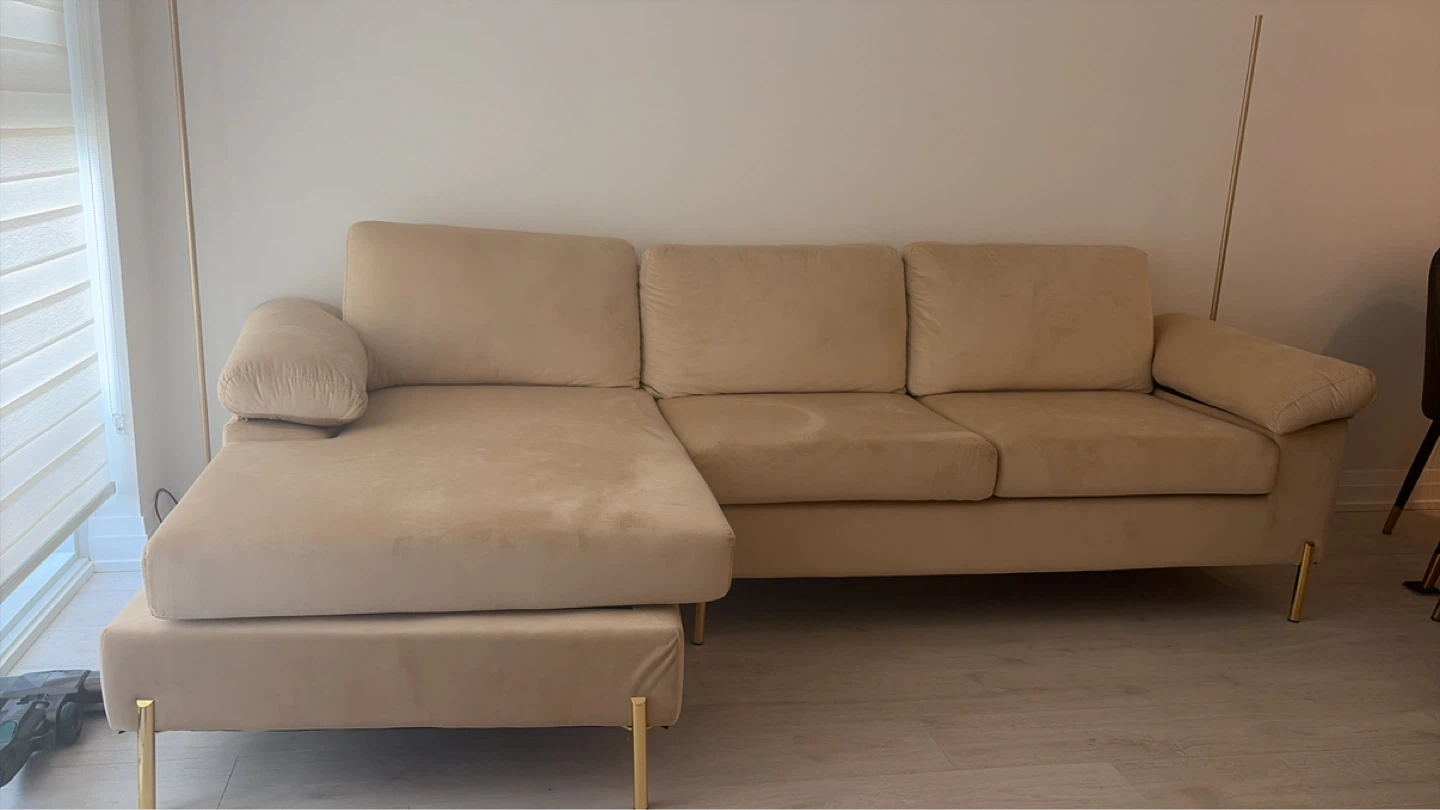 Beige Velvet Sectional Sofa with Chaise