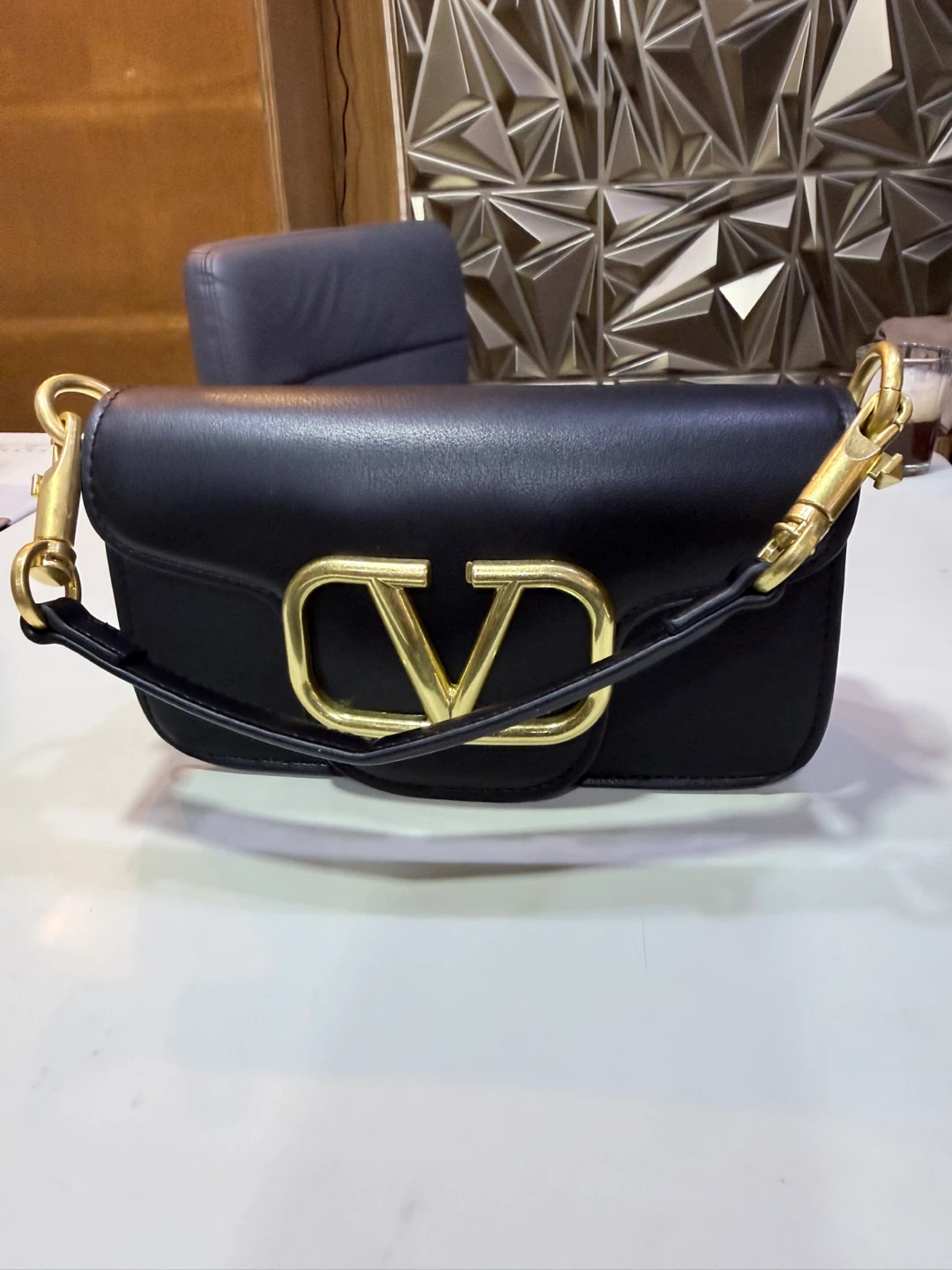 Black Leather Crossbody Bag with Gold 'V' Accent - photo 3