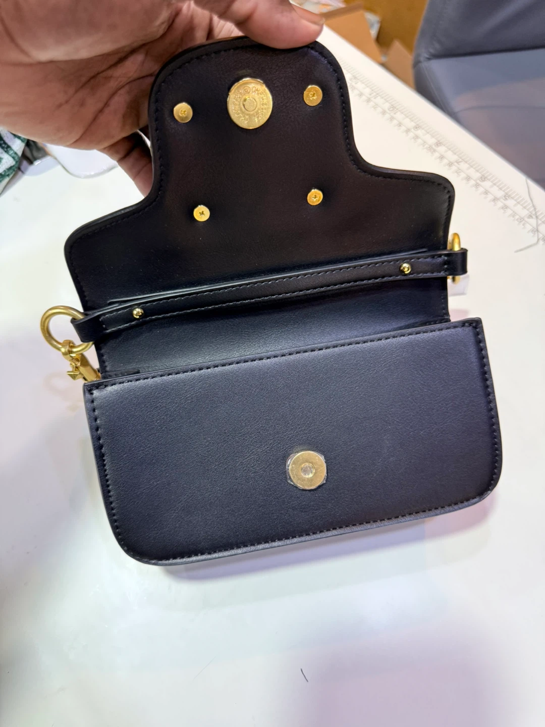 Black Leather Crossbody Bag with Gold 'V' Accent - photo 5