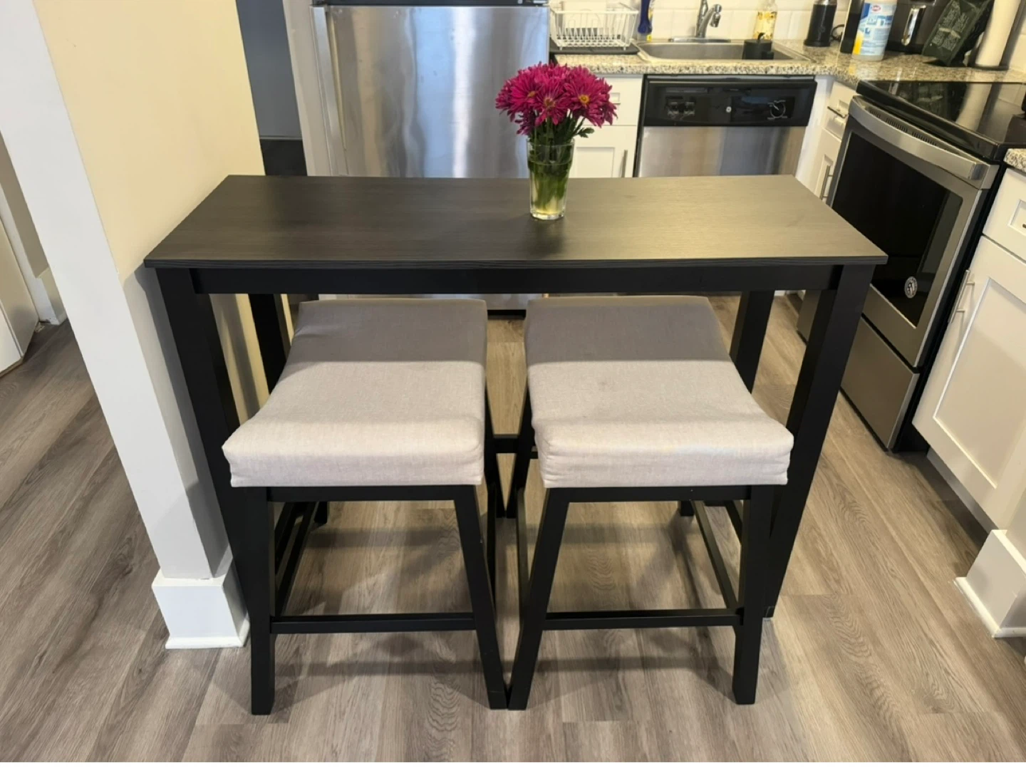 Black Counter Height Table with 2 Gray Stools