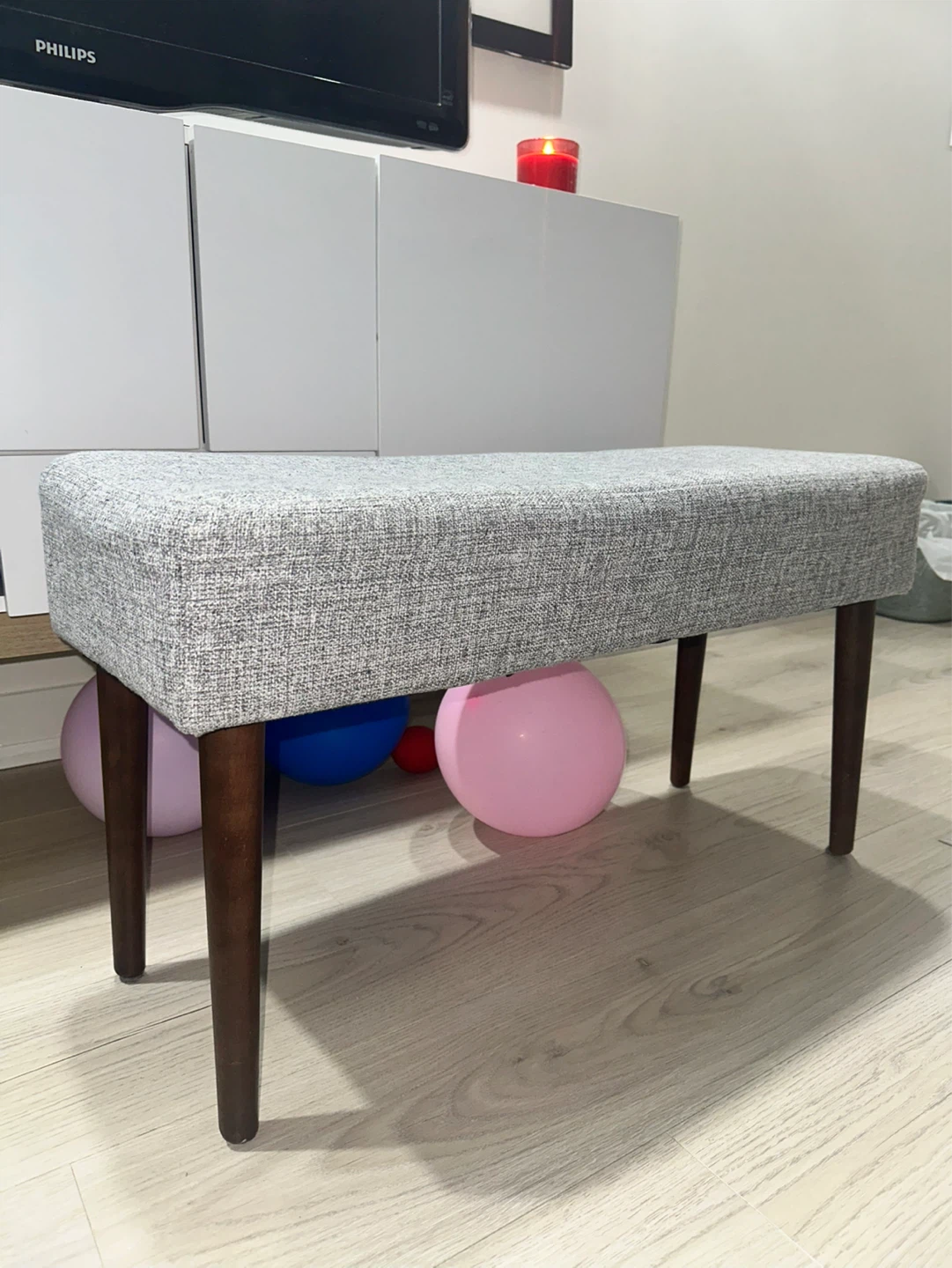 Grey Upholstered Bench with Wooden Legs