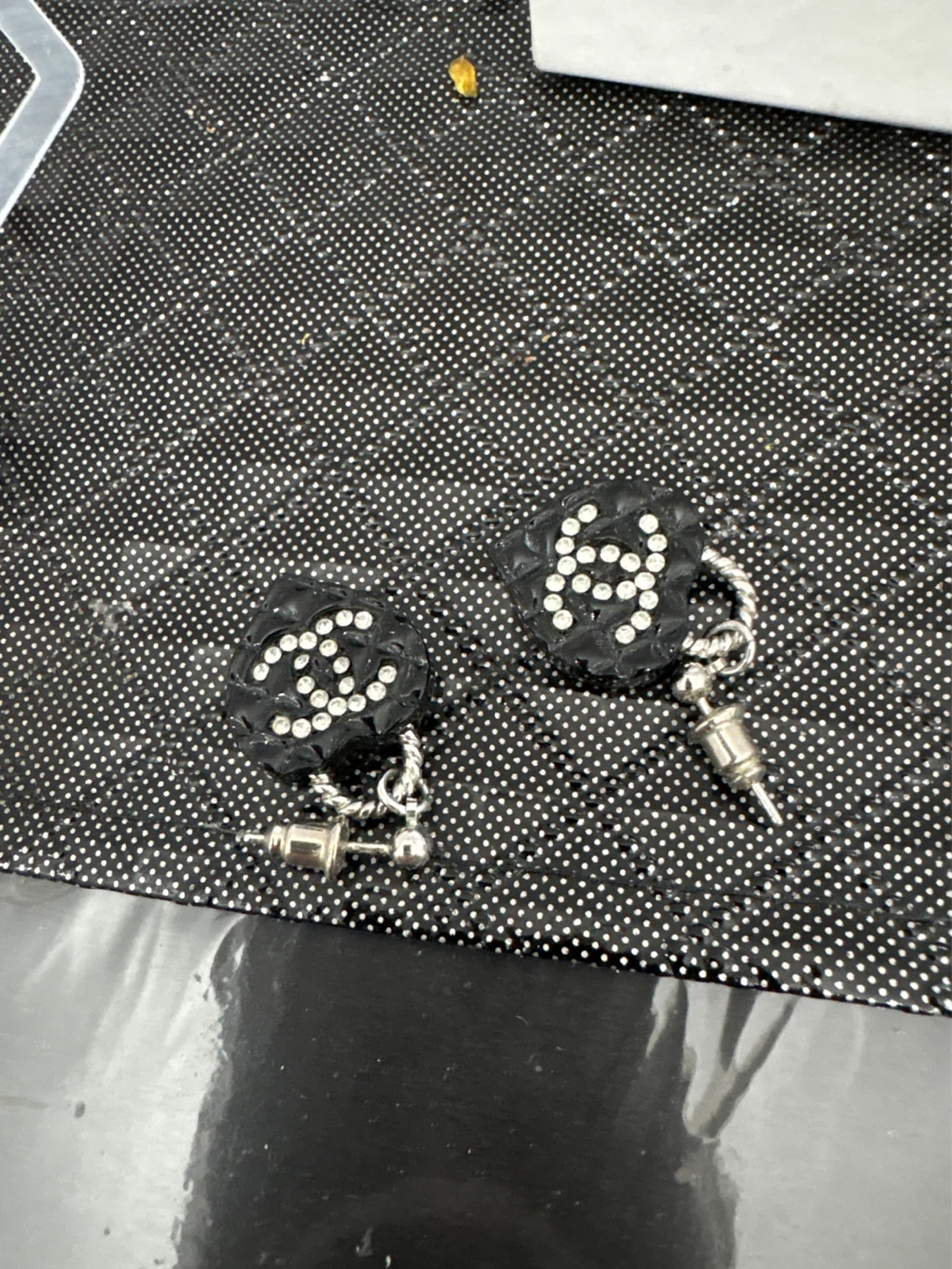 Chanel CC Stud Earrings Black Rhinestone