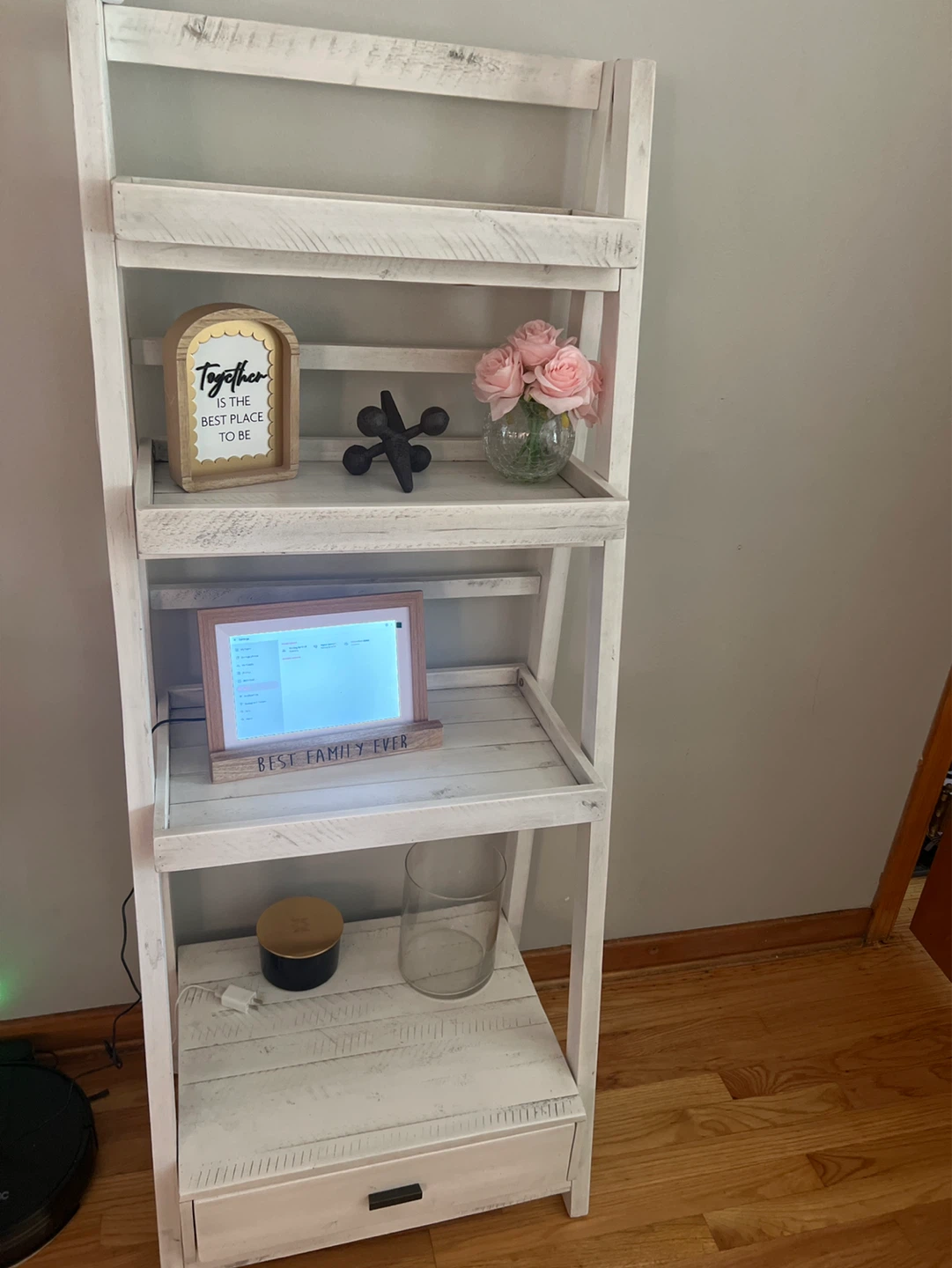 White Ladder Shelf with Drawer