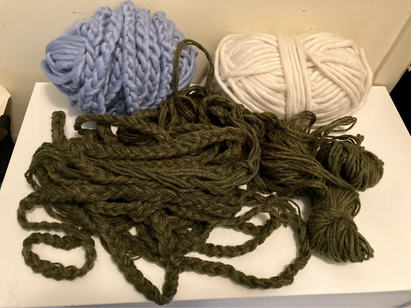3 Skeins Bulky Yarn - Blue, White, Green