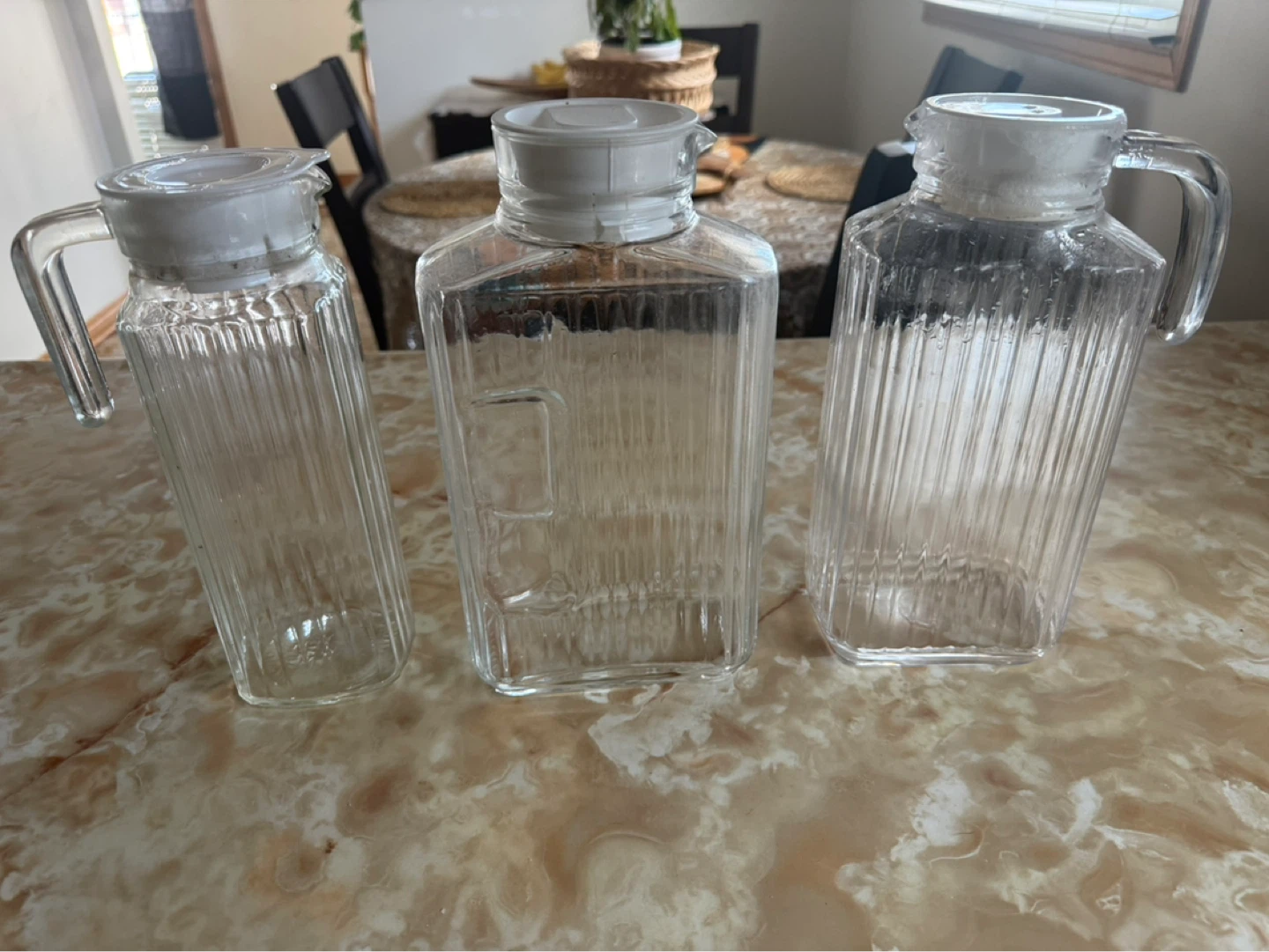 Set of 3 Clear Glass Pitchers with White Lids