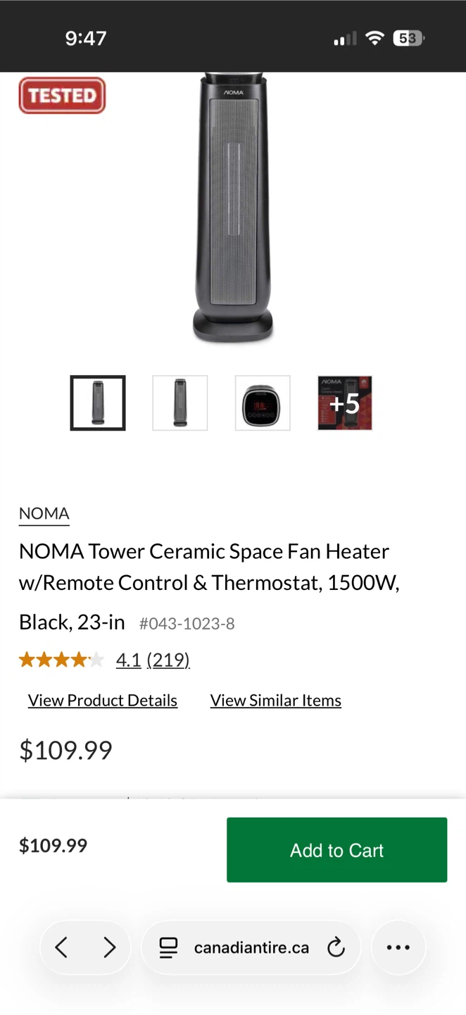 NOMA Tower Ceramic Space Fan Heater with Remote & Thermostat