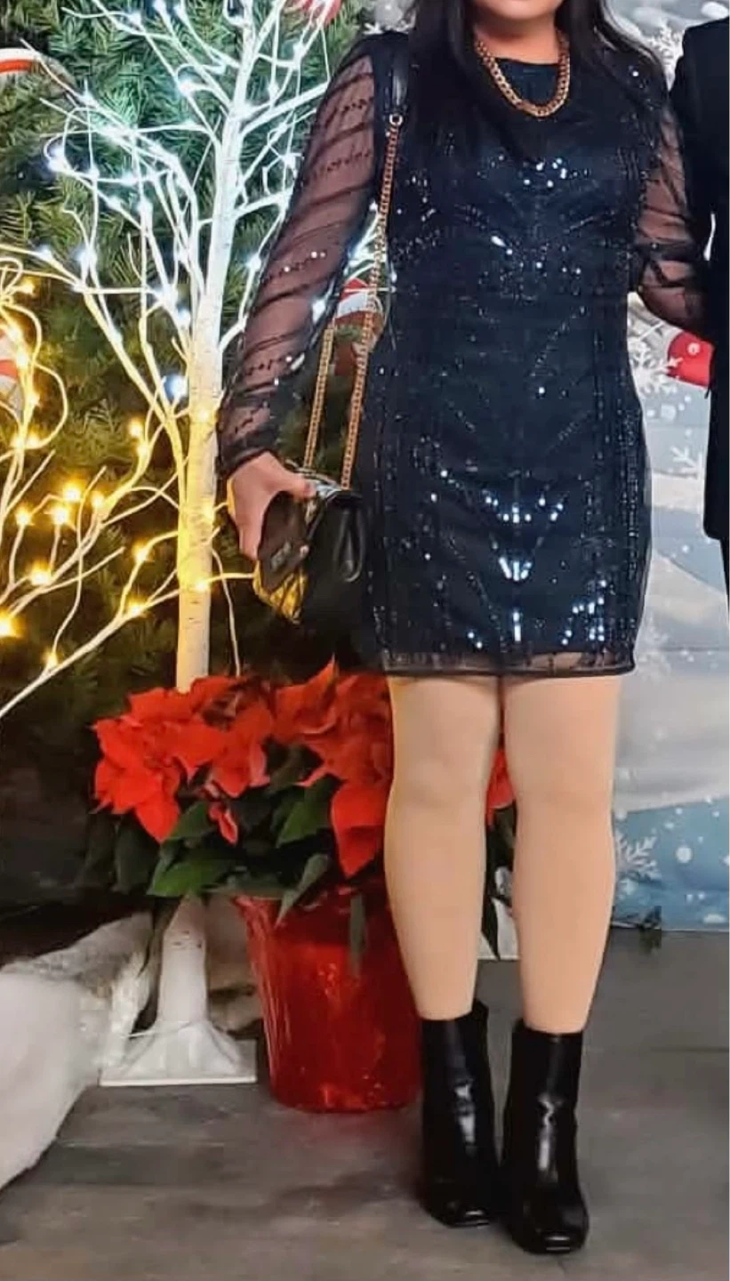 Navy Beaded & Sequined Sheer Sleeve Mini Dress - photo 2