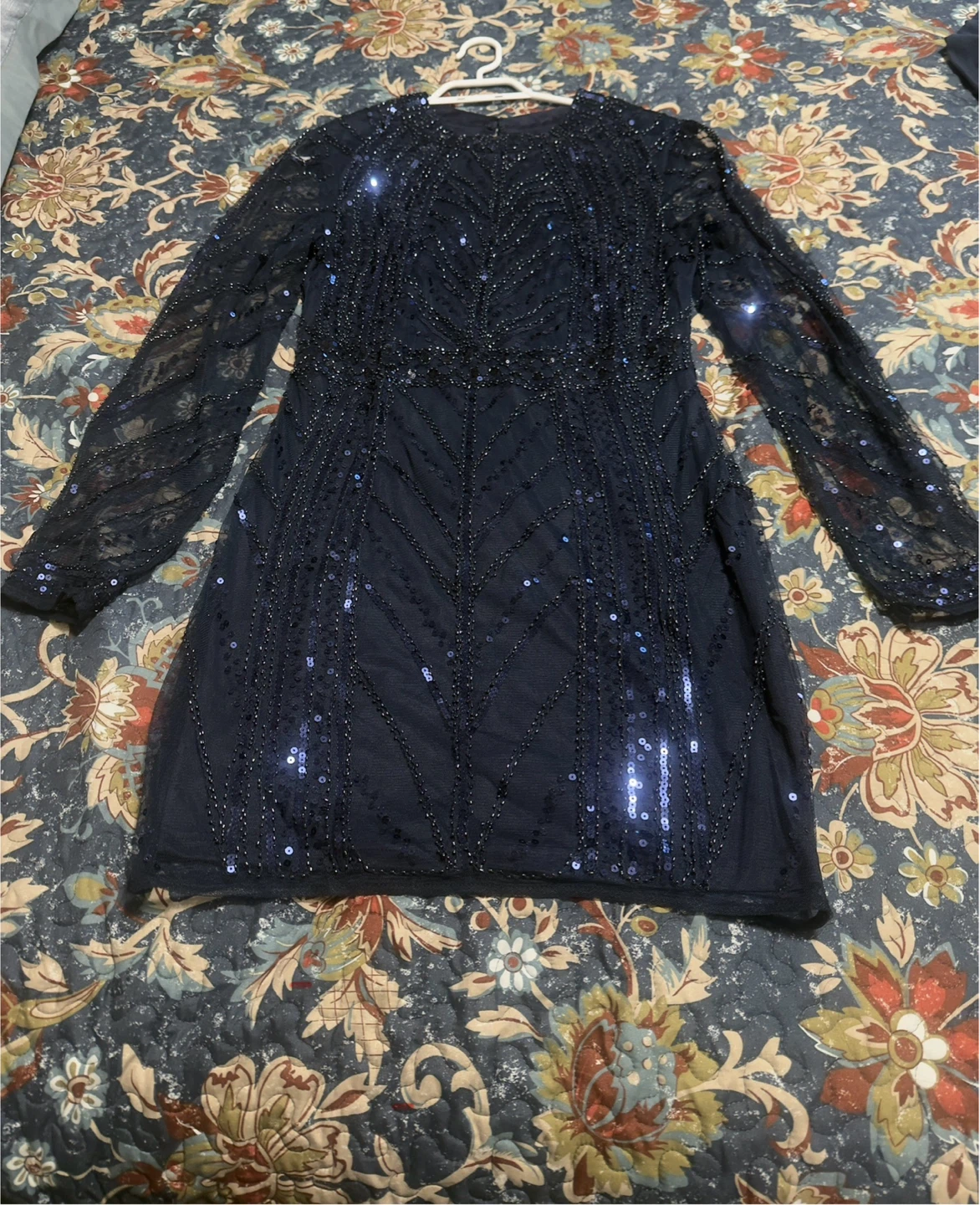 Navy Beaded & Sequined Sheer Sleeve Mini Dress