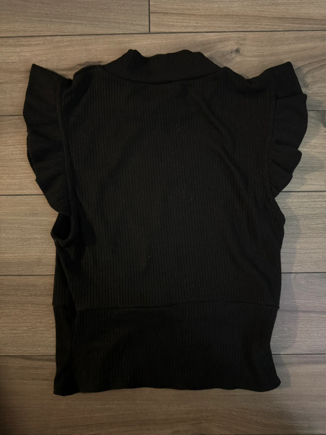 Black Ribbed Mock Neck Top with Ruffle Sleeves - Size L - photo 2