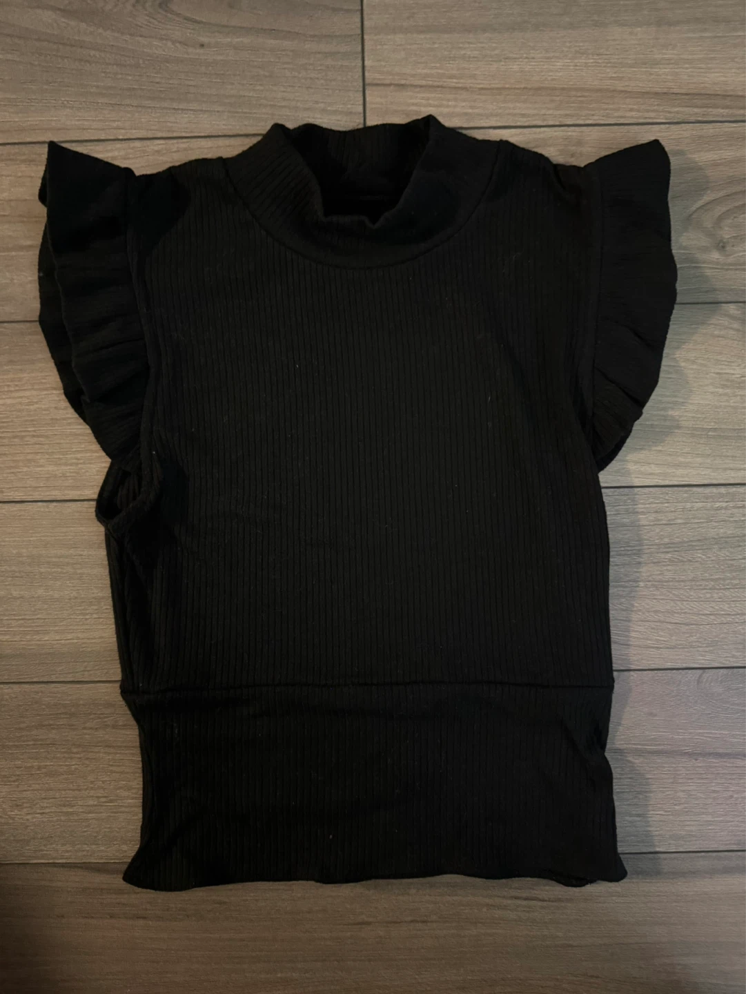 Black Ribbed Mock Neck Top with Ruffle Sleeves - Size L