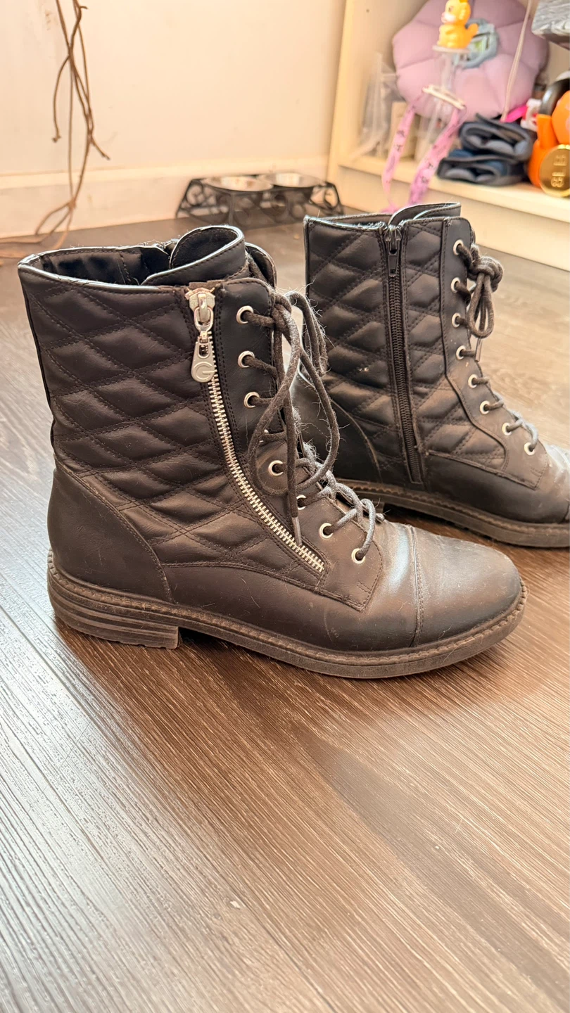 Black Quilted Combat Boots with Side Zippers - photo 2