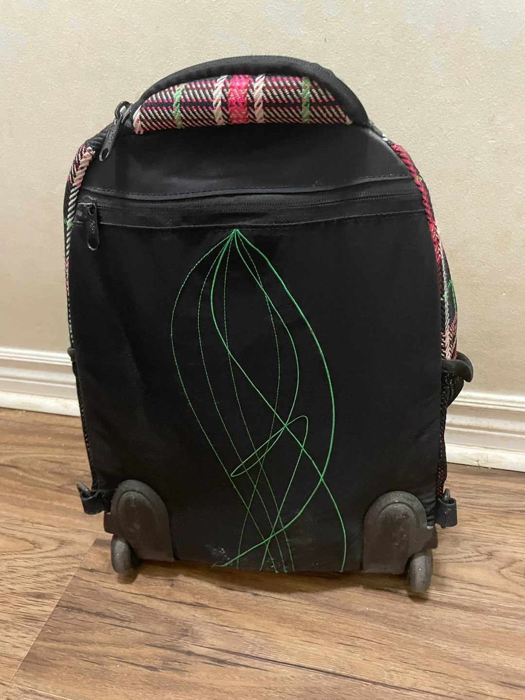 Pink and Green Plaid Rolling Backpack - photo 2