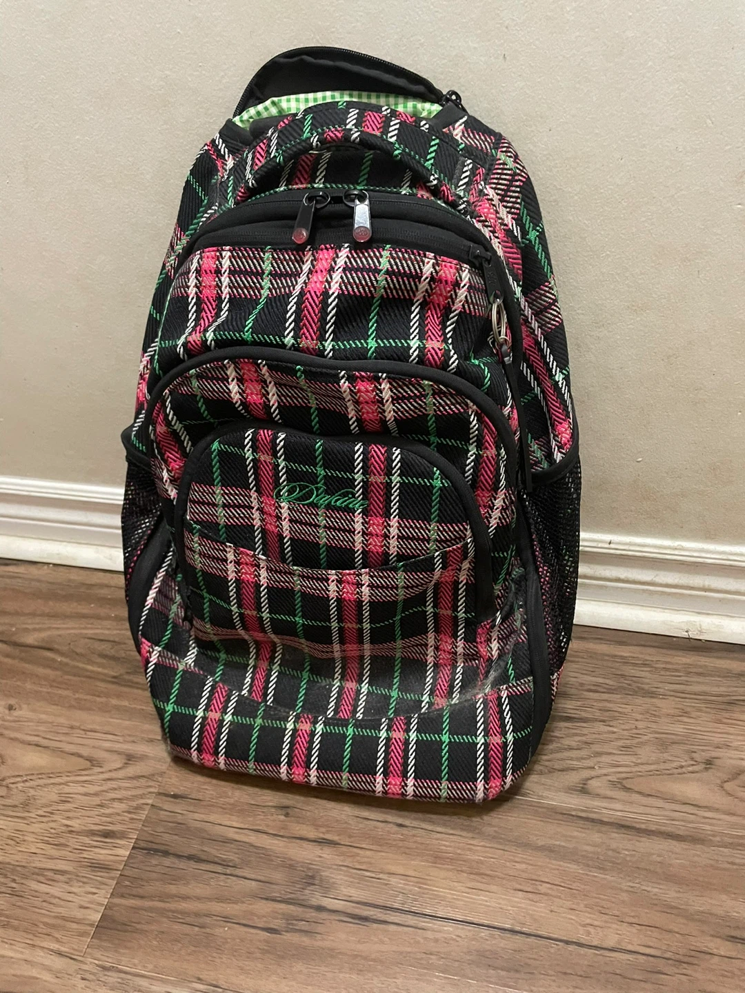 Pink and Green Plaid Rolling Backpack