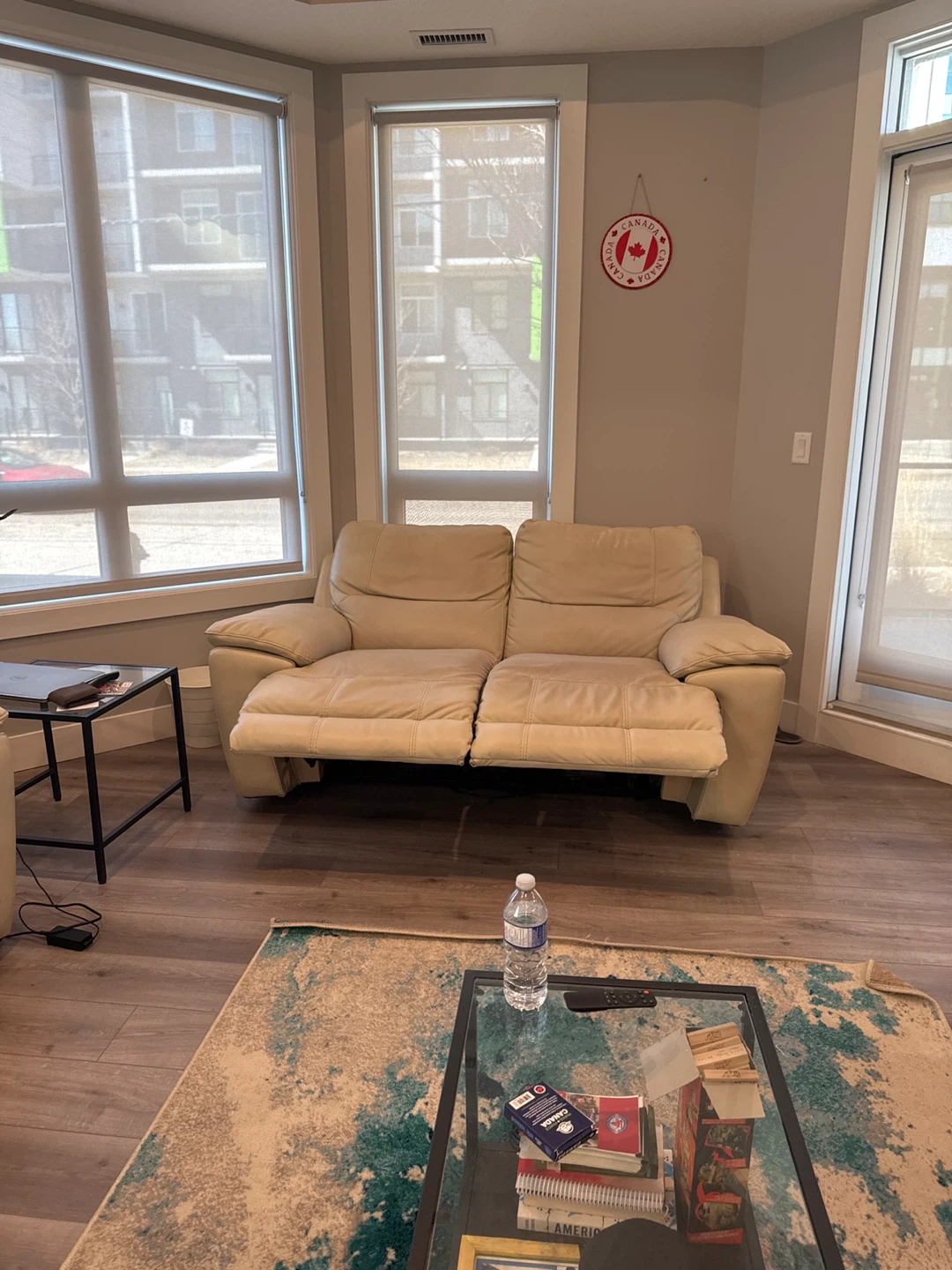 Cream Leather Loveseat Recliner Sofa