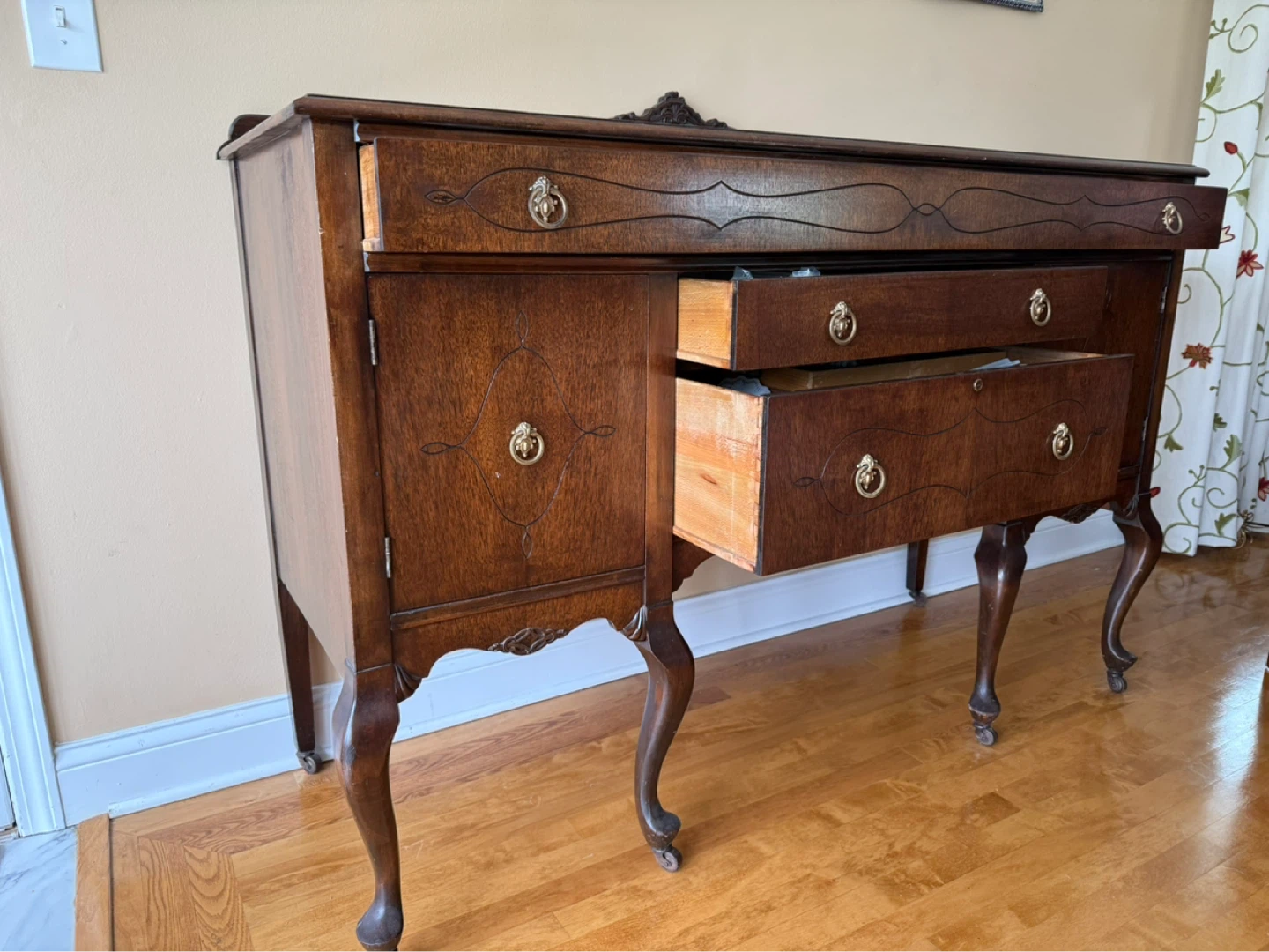 Antique Wooden Sideboard with Drawers and Cabinet Doors