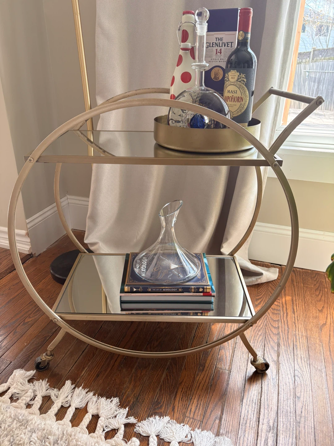 Gold Bar Cart with Mirrored Shelves