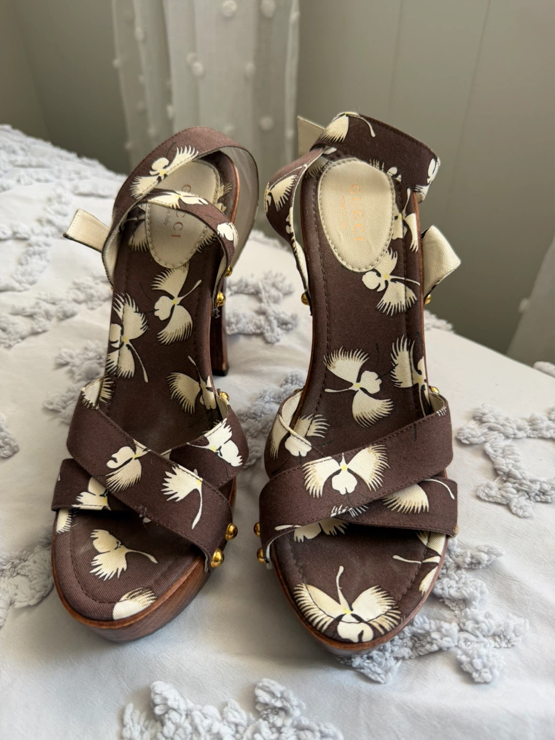 Gucci Wood Platform Heels - Brown Floral Print